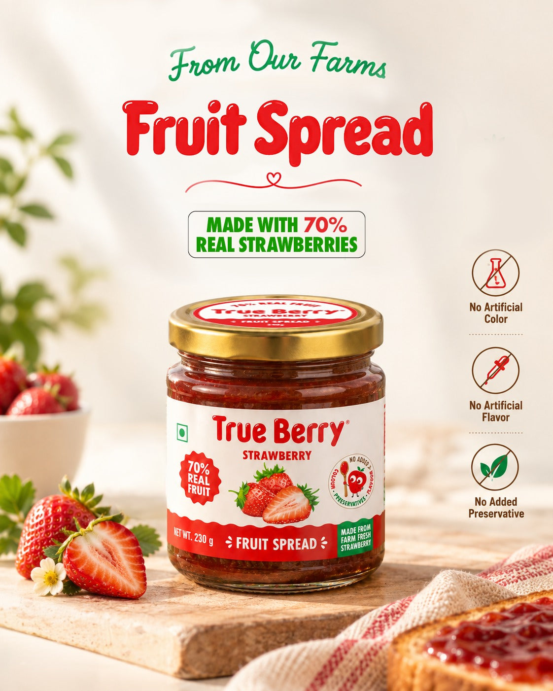 True Berry Strawberry Fruit Spread 230 g jar — made with 70% real strawberries, no artificial colour, flavour, or added preservative