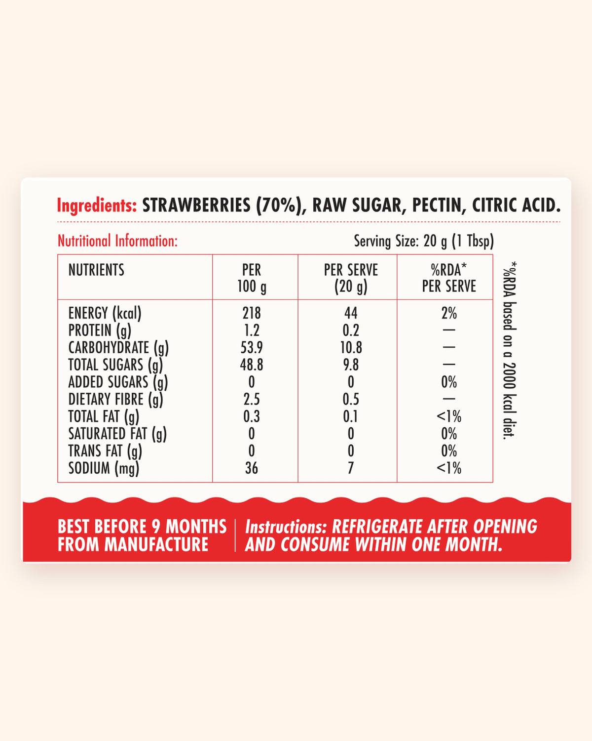 Ingredients and nutritional information for True Berry Strawberry Fruit Spread