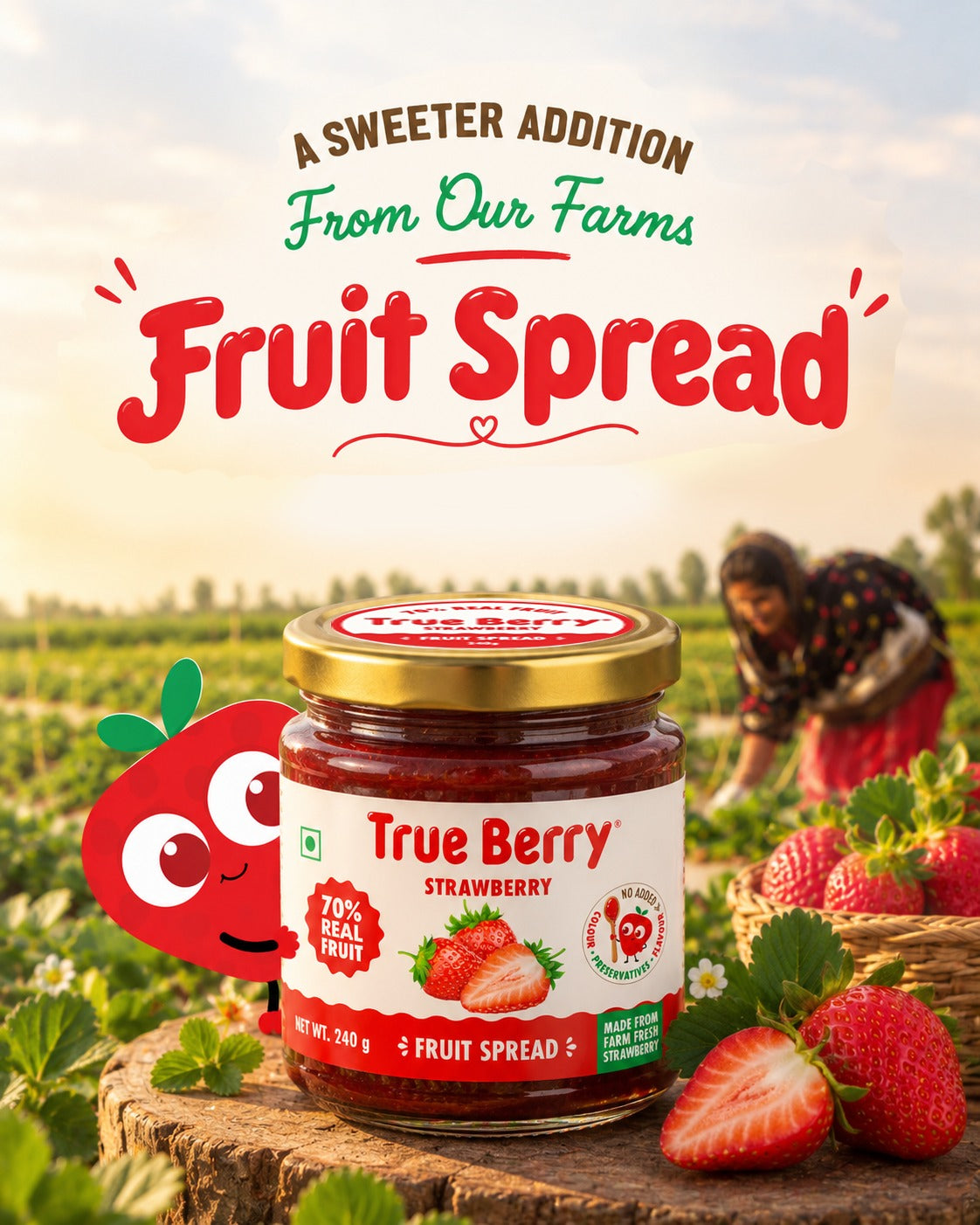 True Berry Strawberry Fruit Spread jar on a strawberry farm